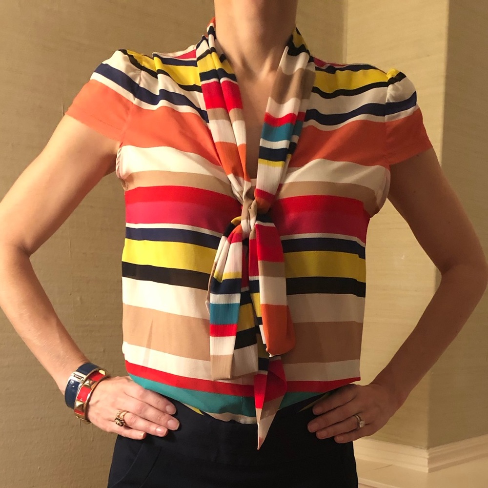 Alice + Olivia tie front multi color stripe blouse